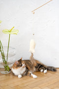 Natural sheepskin fish cat toy with jute string and feather tail resting on a surface