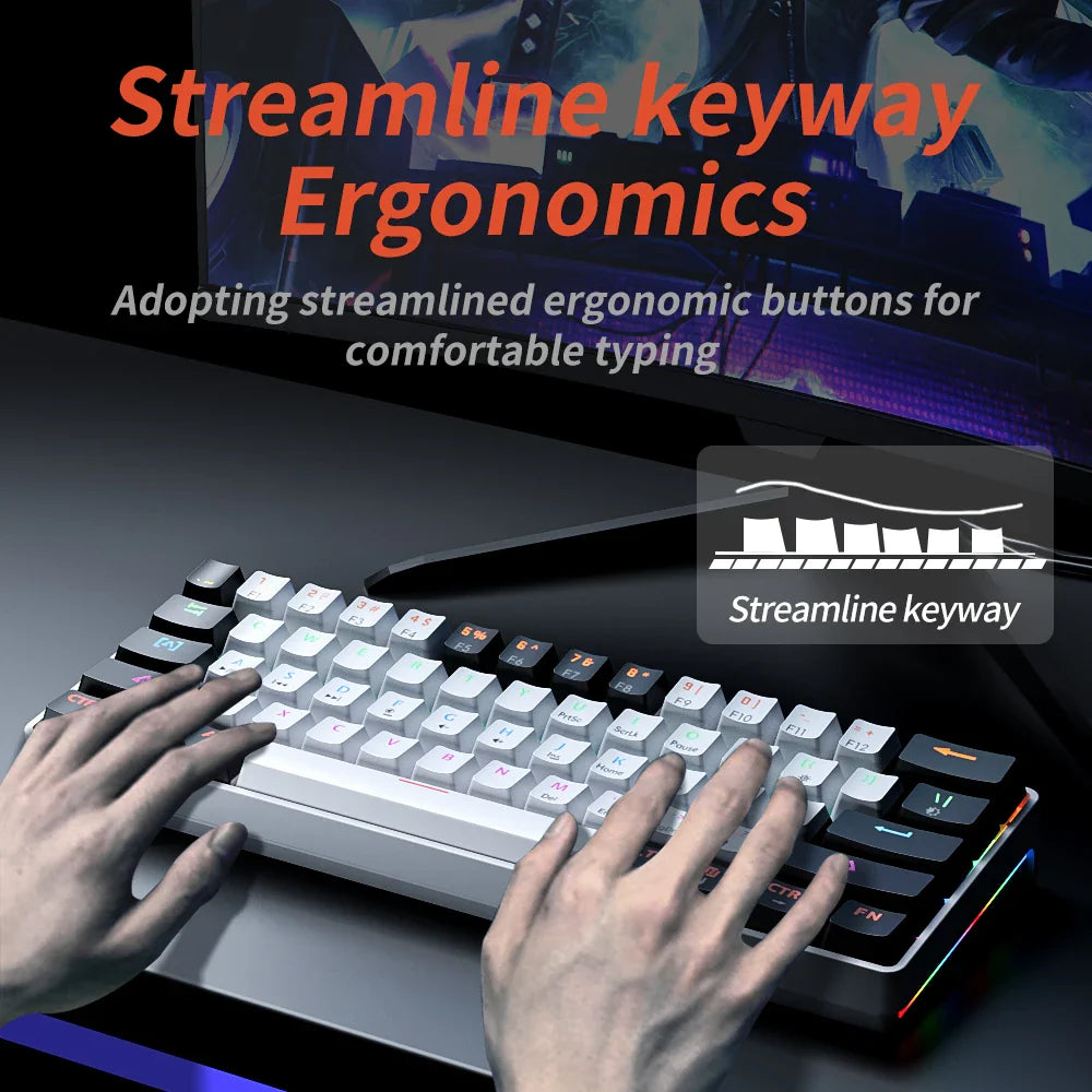 NNEOBA 61-key USB gaming mechanical keyboard with RGB backlighting, red switches, and detachable cable — view 4