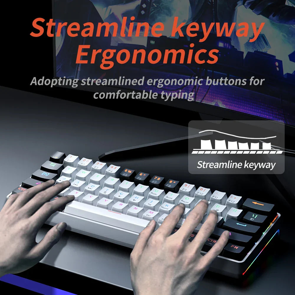 Compact 61-key USB gaming mechanical keyboard with vibrant RGB backlighting and hot-swappable red switches — view 4