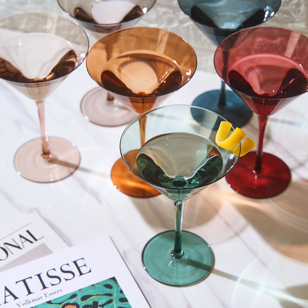 Set of six pastel colored crystal martini glasses in muted tones for elegant home bar entertaining — view 4