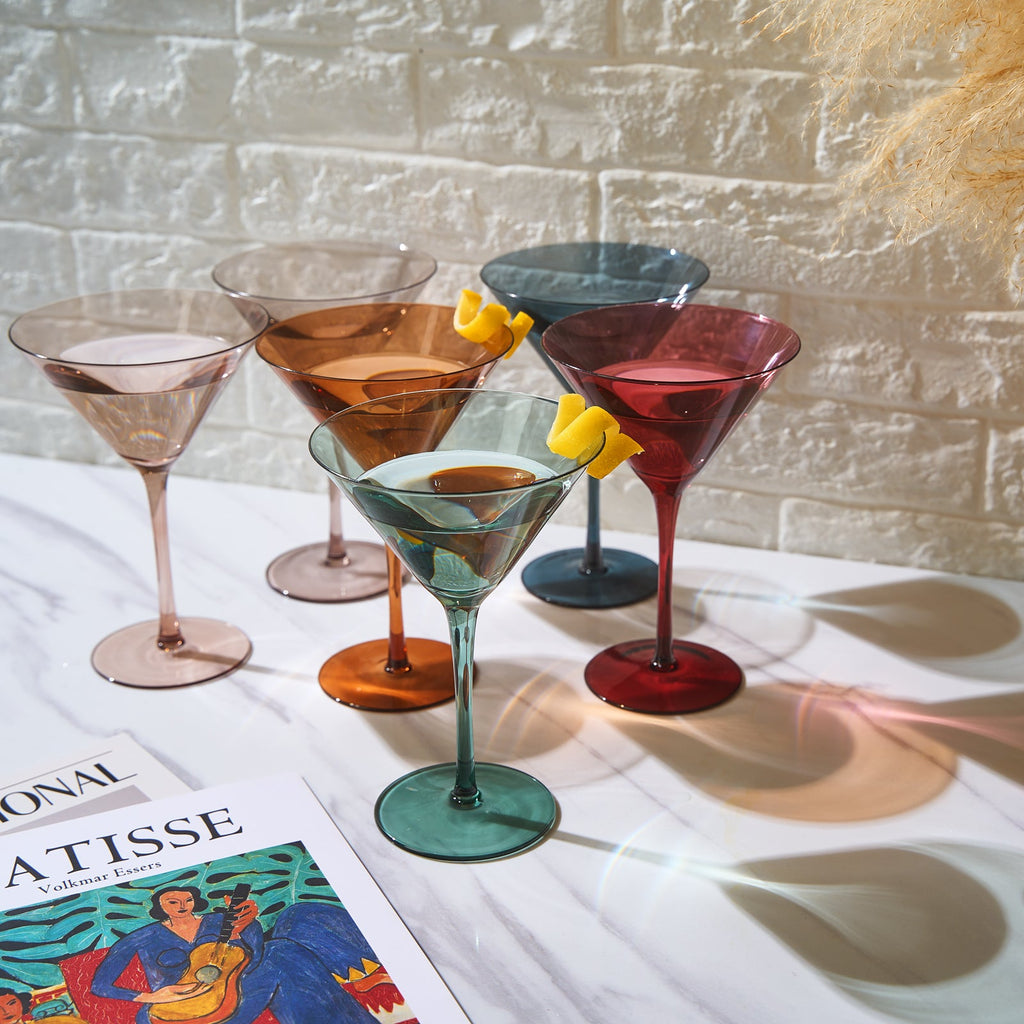 Set of six pastel colored crystal martini glasses in muted tones for elegant home bar entertaining — view 2