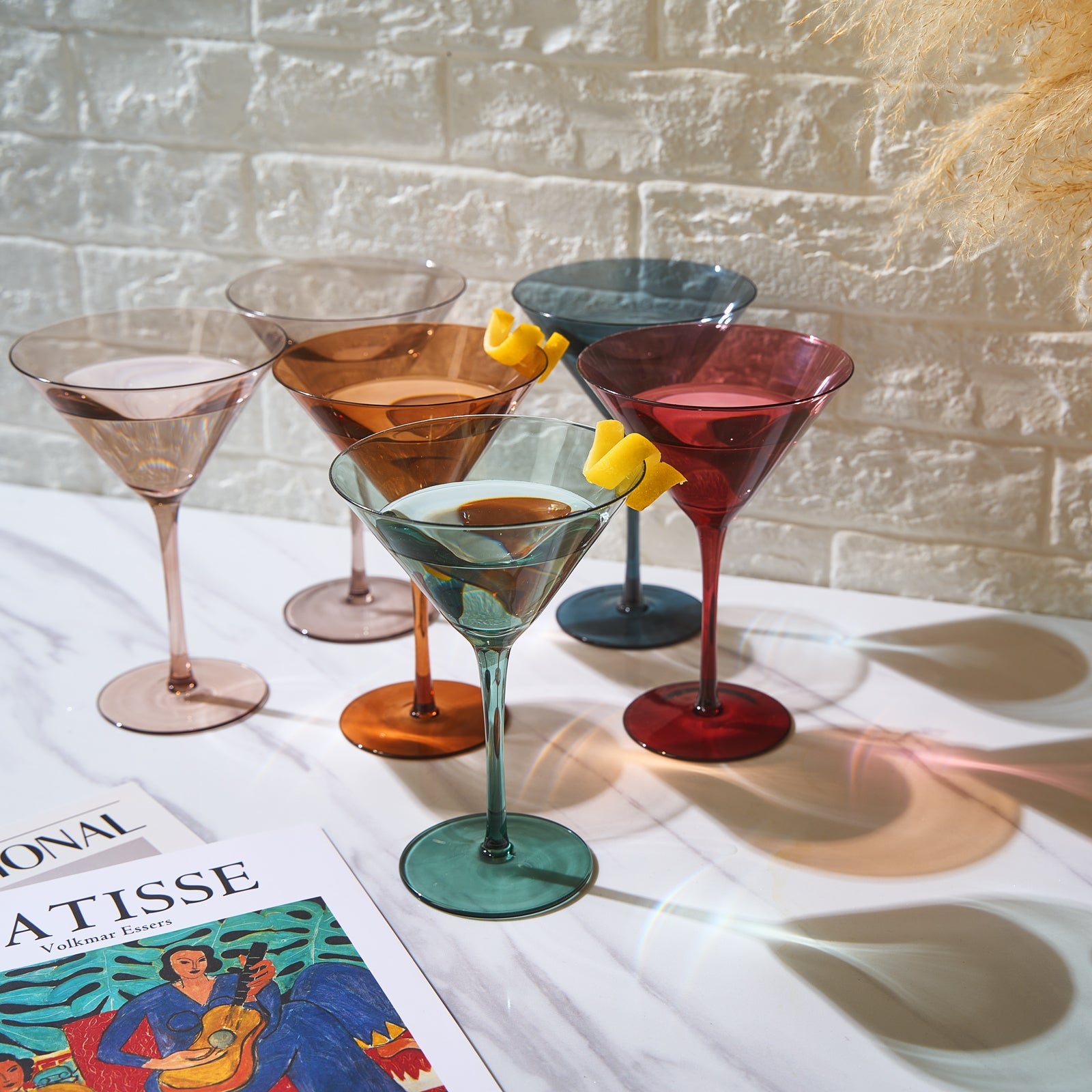 Set of six pastel colored crystal martini glasses in muted tones for elegant home bar entertaining — view 2