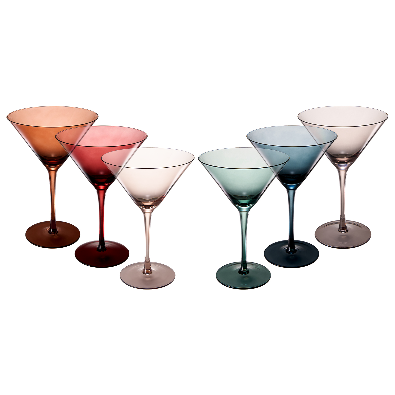 Set of six pastel colored crystal martini glasses in muted tones for elegant home bar entertaining — view 5