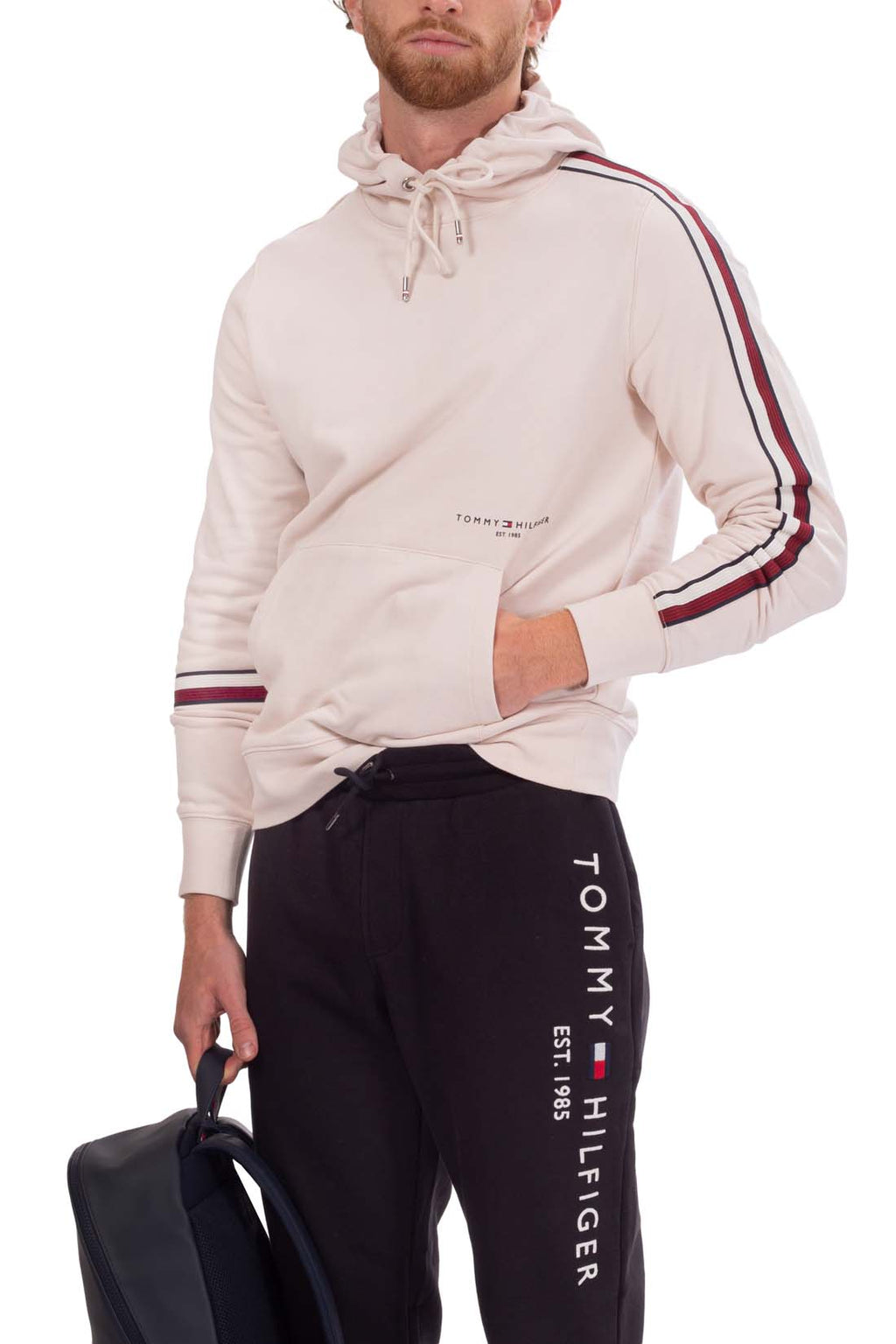 Cream-colored men's cotton hoodie with logo printed on front and signature sleeve taping — view 4