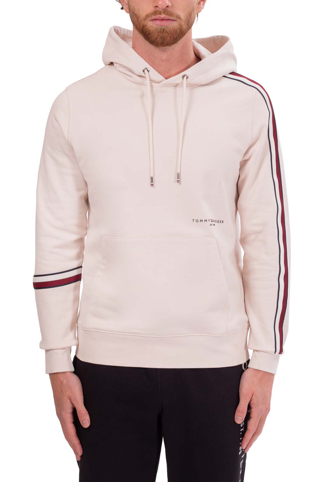 Cream-colored men's cotton hoodie with logo printed on front and signature sleeve taping — view 2