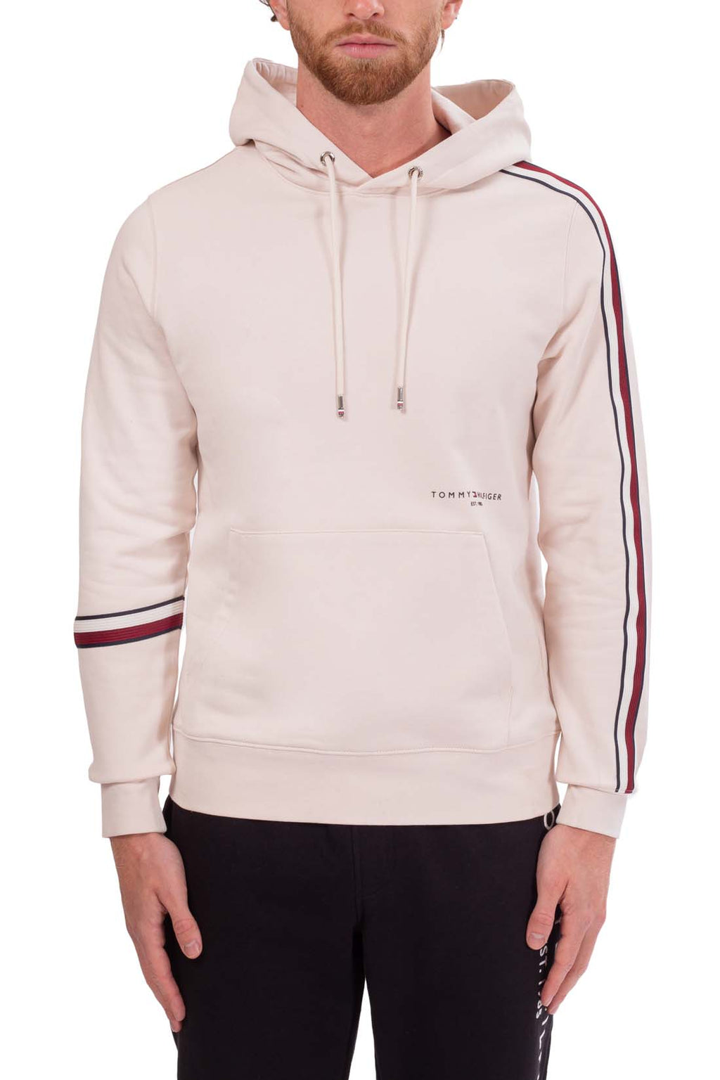 Cream-colored men's cotton hoodie with logo printed on front and signature sleeve taping — view 10