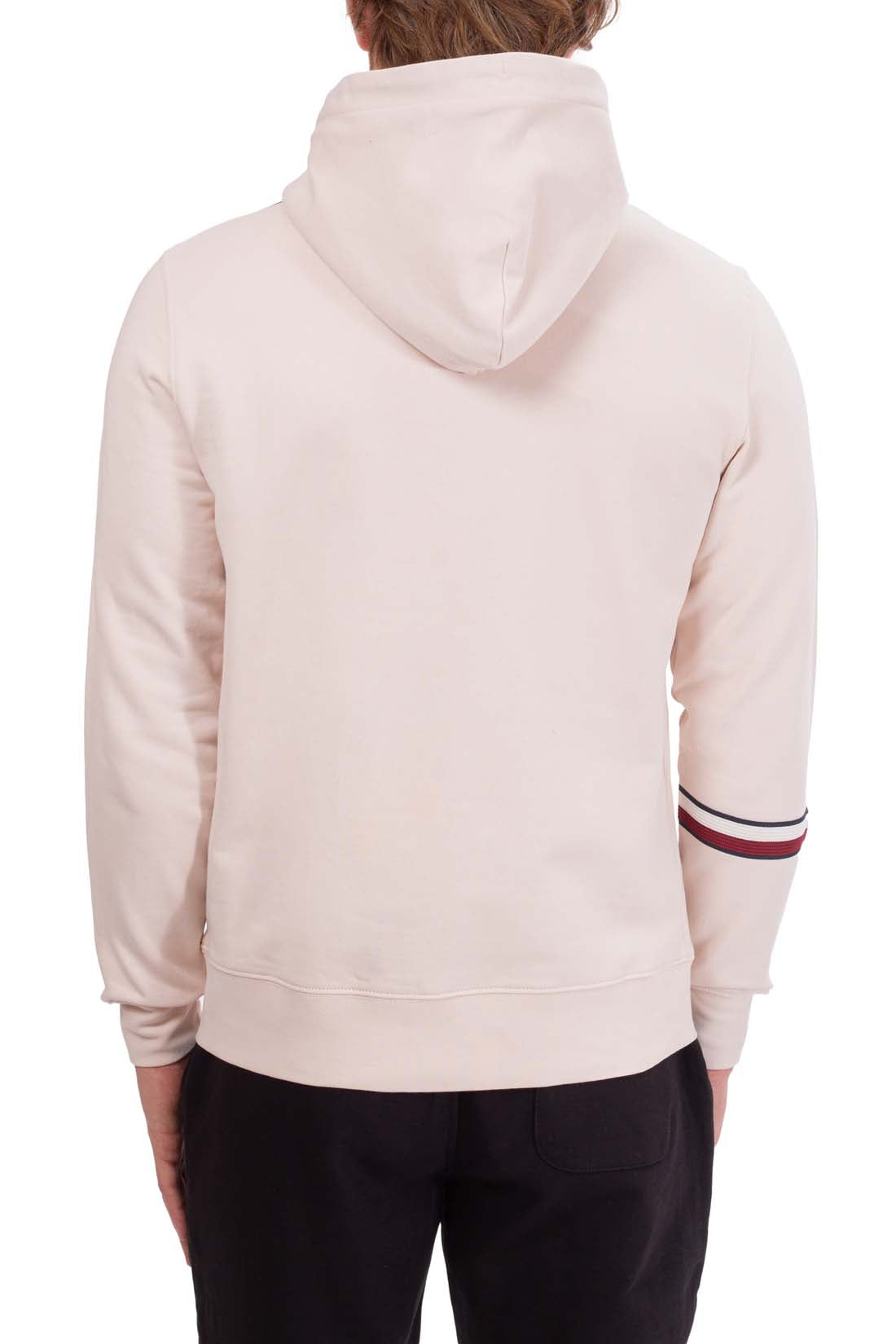 Cream-colored men's cotton hoodie with logo printed on front and signature sleeve taping — view 11
