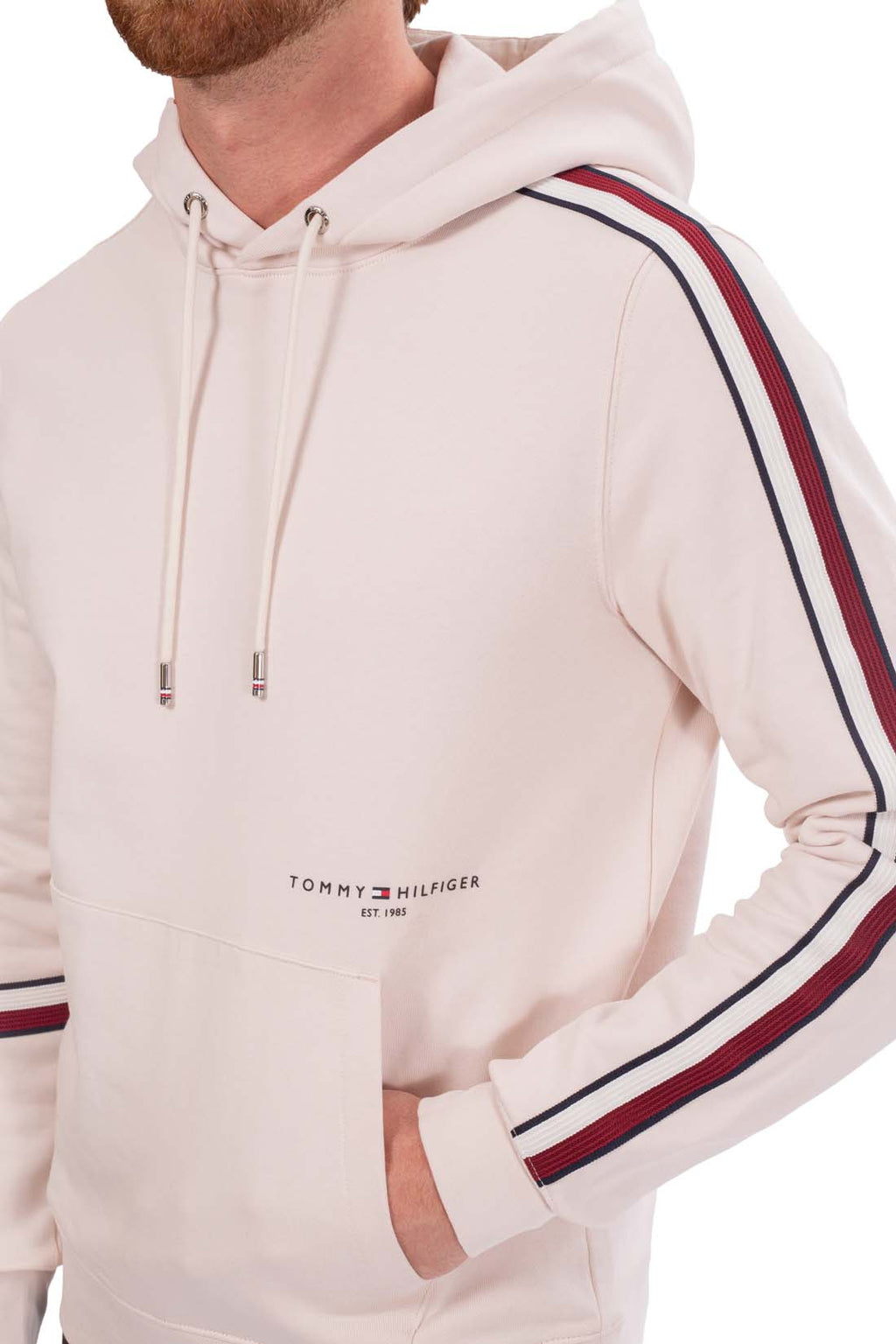 Cream-colored men's cotton hoodie with logo printed on front and signature sleeve taping — view 13