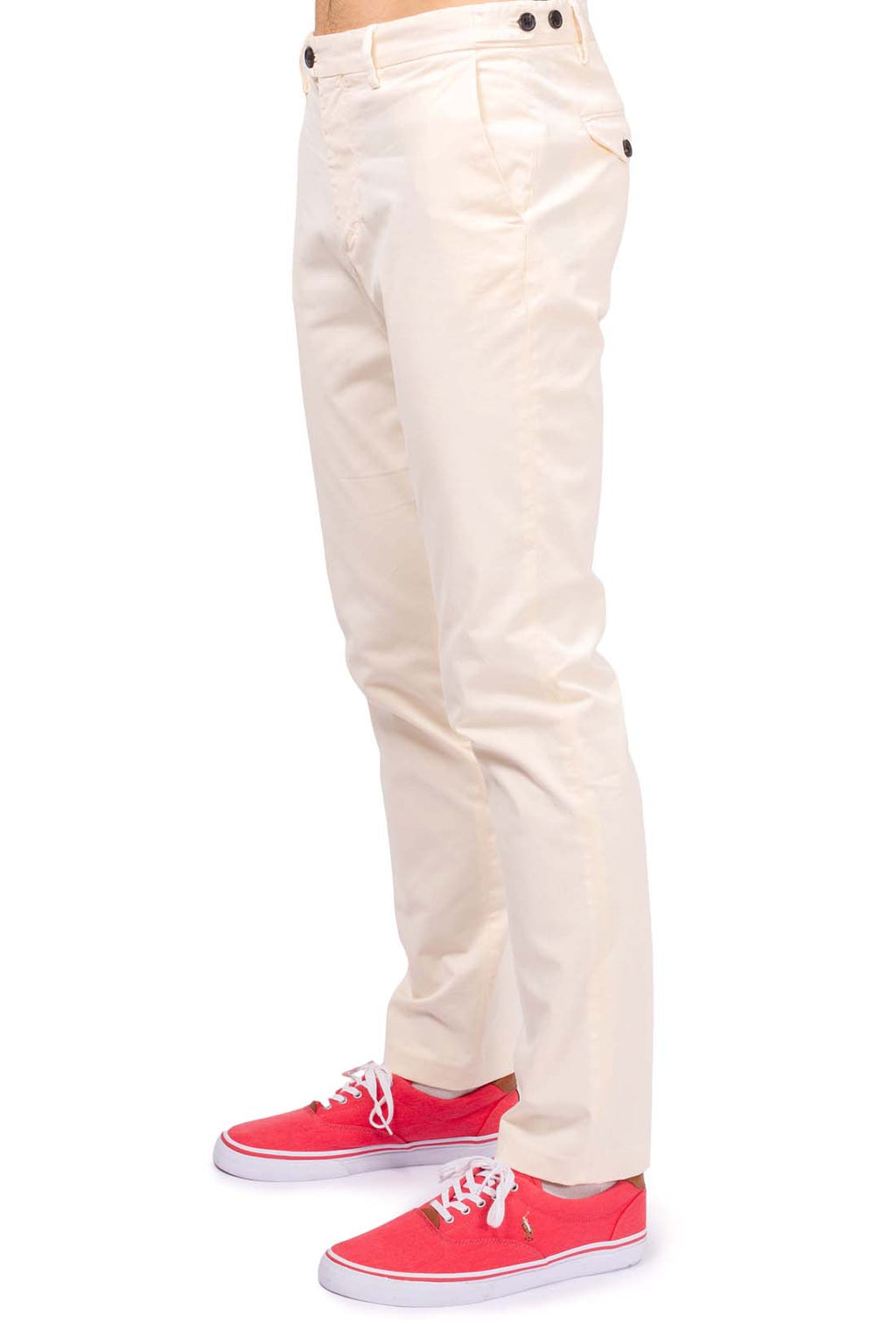 Men's slim fit navy blue chinos in stretch cotton with adjustable waist tabs and pockets — view 12