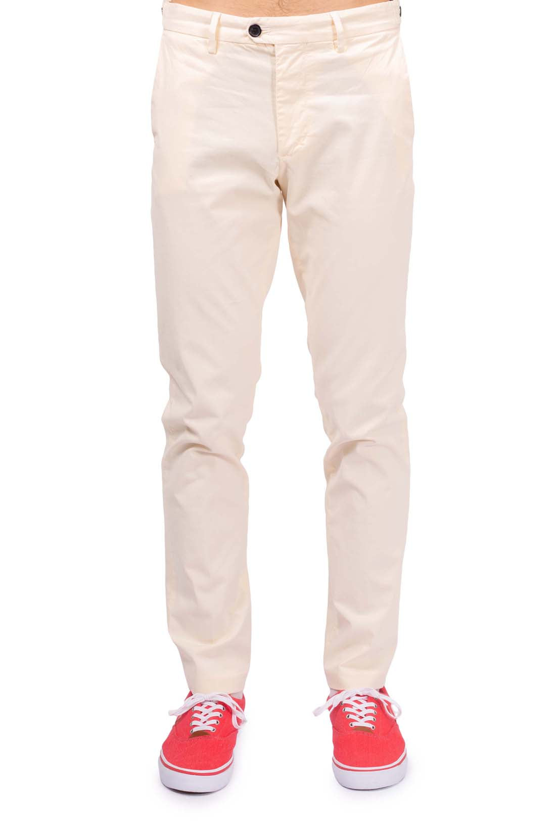 Men's slim fit navy blue chinos in stretch cotton with adjustable waist tabs and pockets — view 22