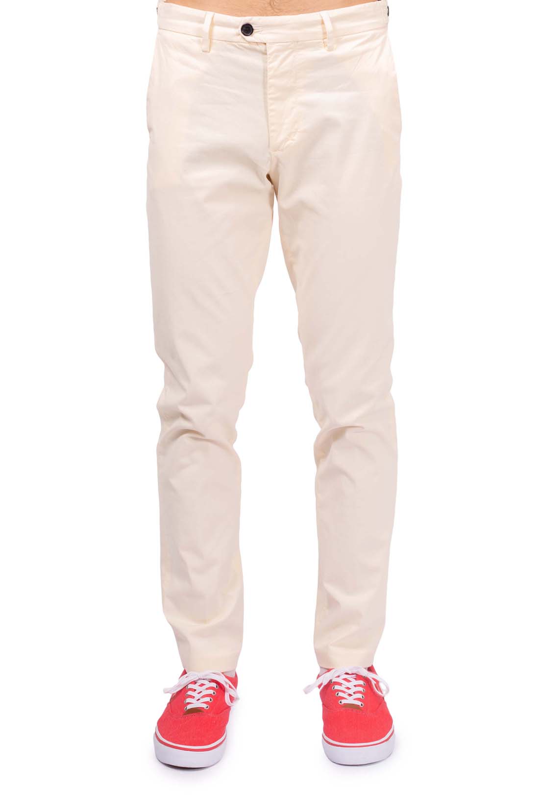Men's slim fit navy blue chinos in stretch cotton with adjustable waist tabs and pockets — view 2
