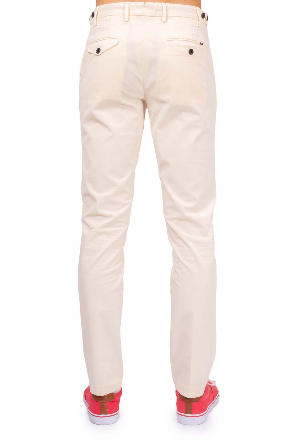 Men's slim fit navy blue chinos in stretch cotton with adjustable waist tabs and pockets — view 11