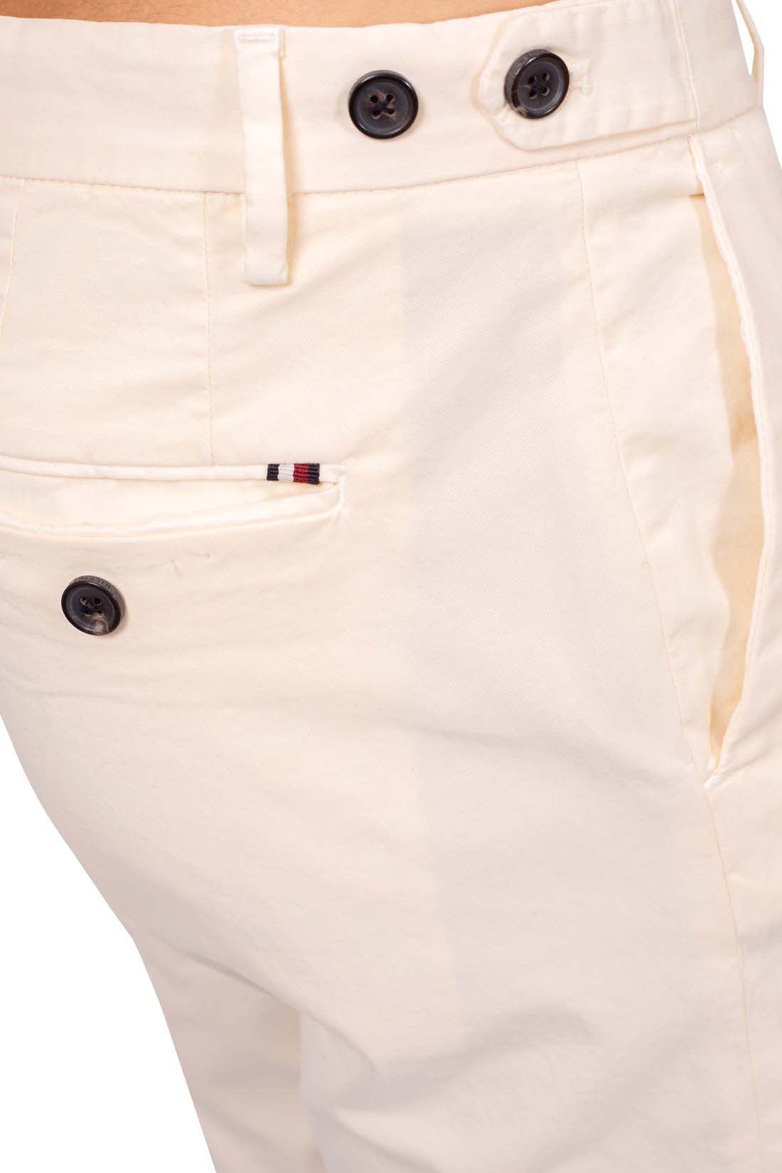 Men's slim fit navy blue chinos in stretch cotton with adjustable waist tabs and pockets — view 25