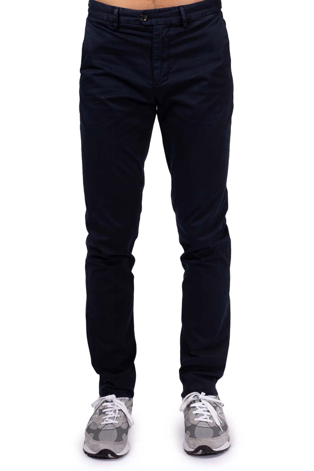 Men's slim fit navy blue chinos in stretch cotton with adjustable waist tabs and pockets — view 42