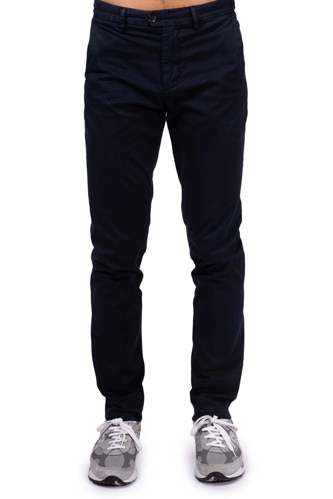 Men's slim fit navy blue chinos in stretch cotton with adjustable waist tabs and pockets — view 42