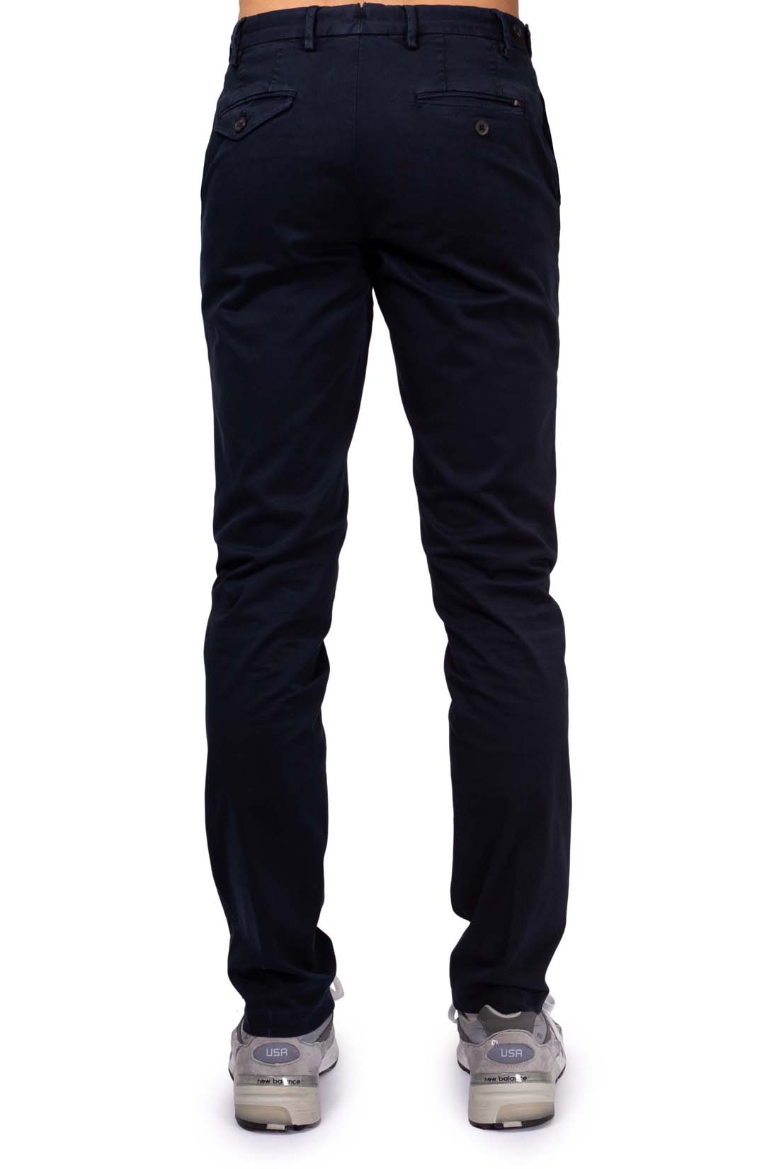 Men's slim fit navy blue chinos in stretch cotton with adjustable waist tabs and pockets — view 47
