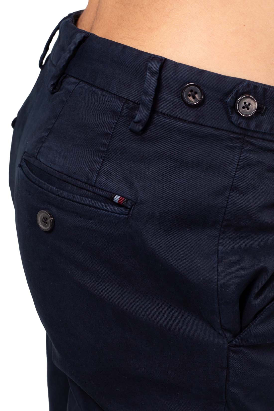 Men's slim fit navy blue chinos in stretch cotton with adjustable waist tabs and pockets — view 41