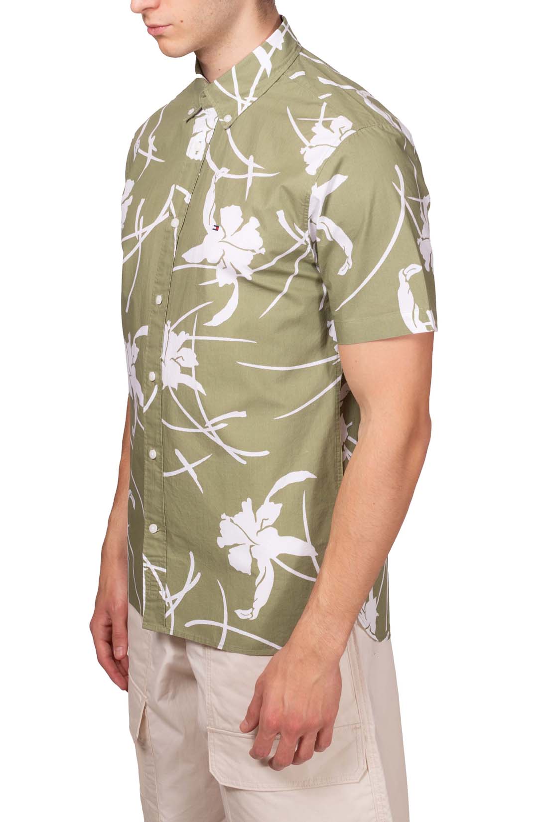 Men's short sleeve cotton button-down shirt featuring a vibrant tropical print and rounded hem. — view 8