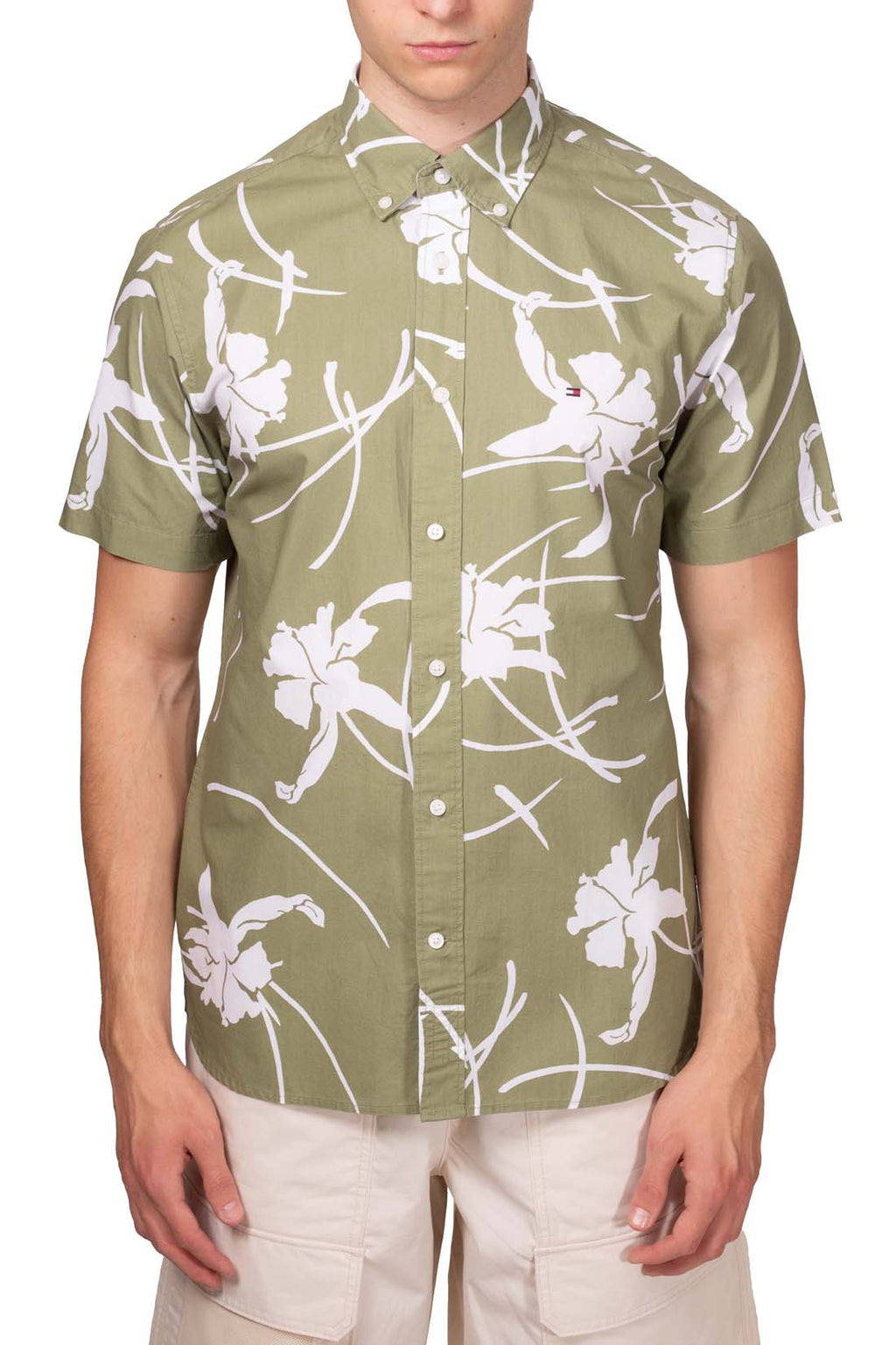 Men's short sleeve cotton button-down shirt featuring a vibrant tropical print and rounded hem. — view 6