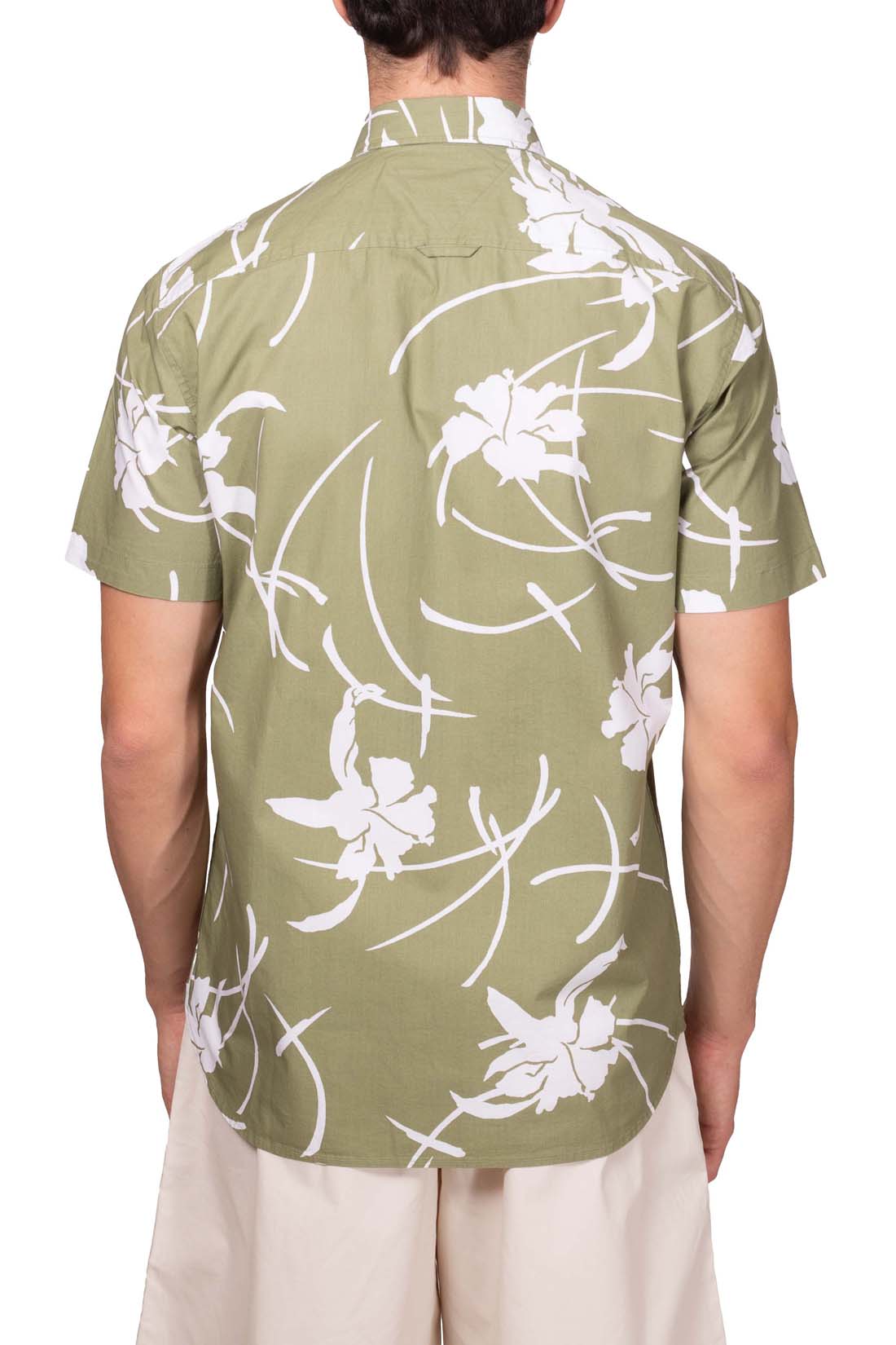 Men's short sleeve cotton button-down shirt featuring a vibrant tropical print and rounded hem. — view 11