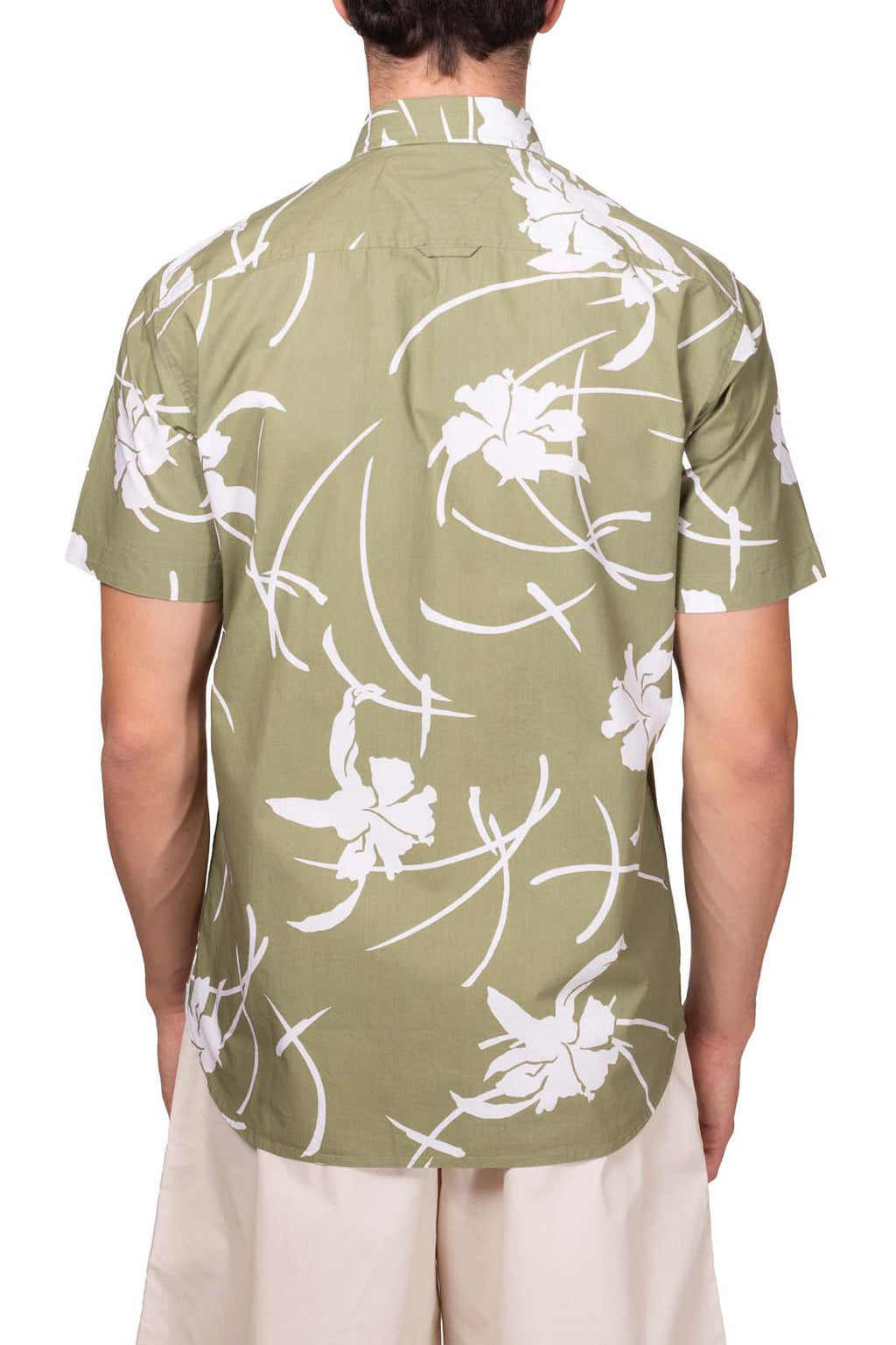 Men's short sleeve cotton button-down shirt featuring a vibrant tropical print and rounded hem. — view 11