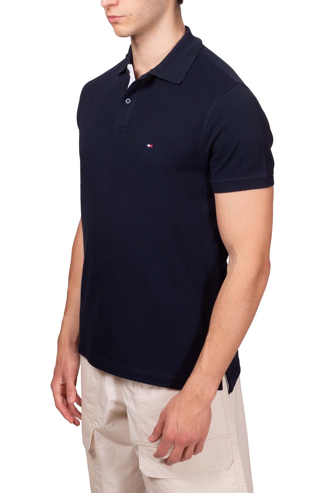 Men's navy blue stretch cotton polo shirt with short sleeves and signature logo placket details — view 24