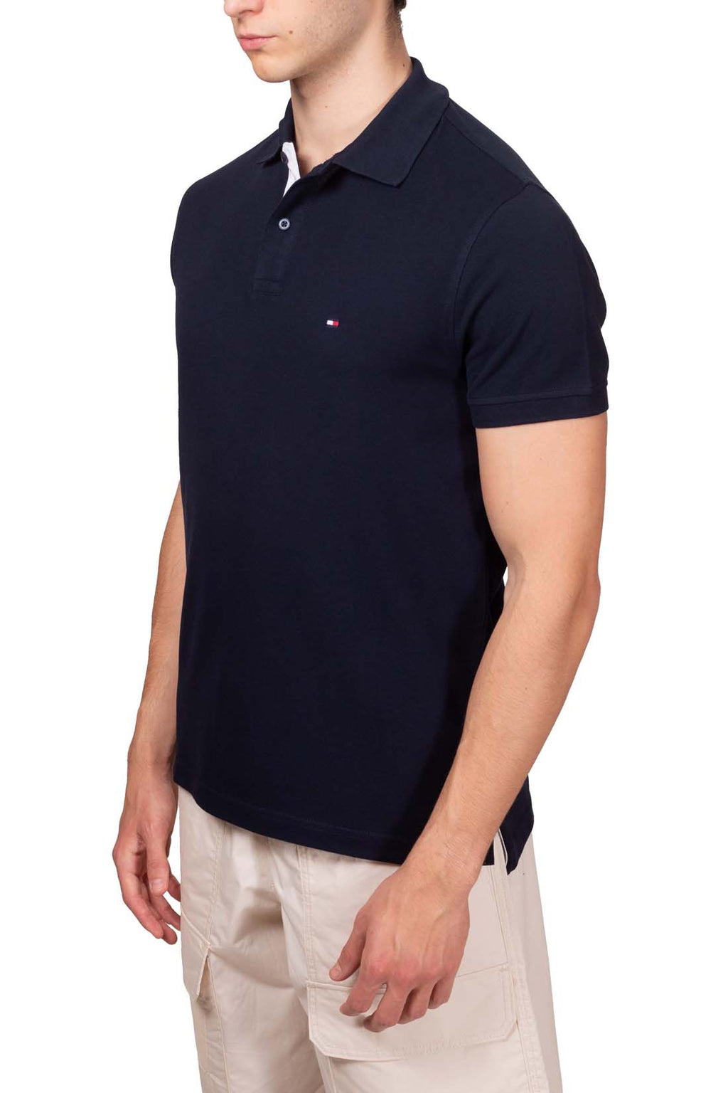 Men's navy blue stretch cotton polo shirt with short sleeves and signature logo placket details — view 24