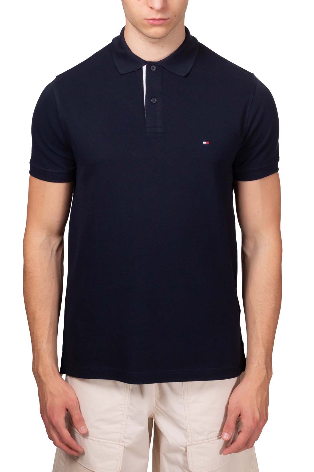 Men's navy blue stretch cotton polo shirt with short sleeves and signature logo placket details — view 26