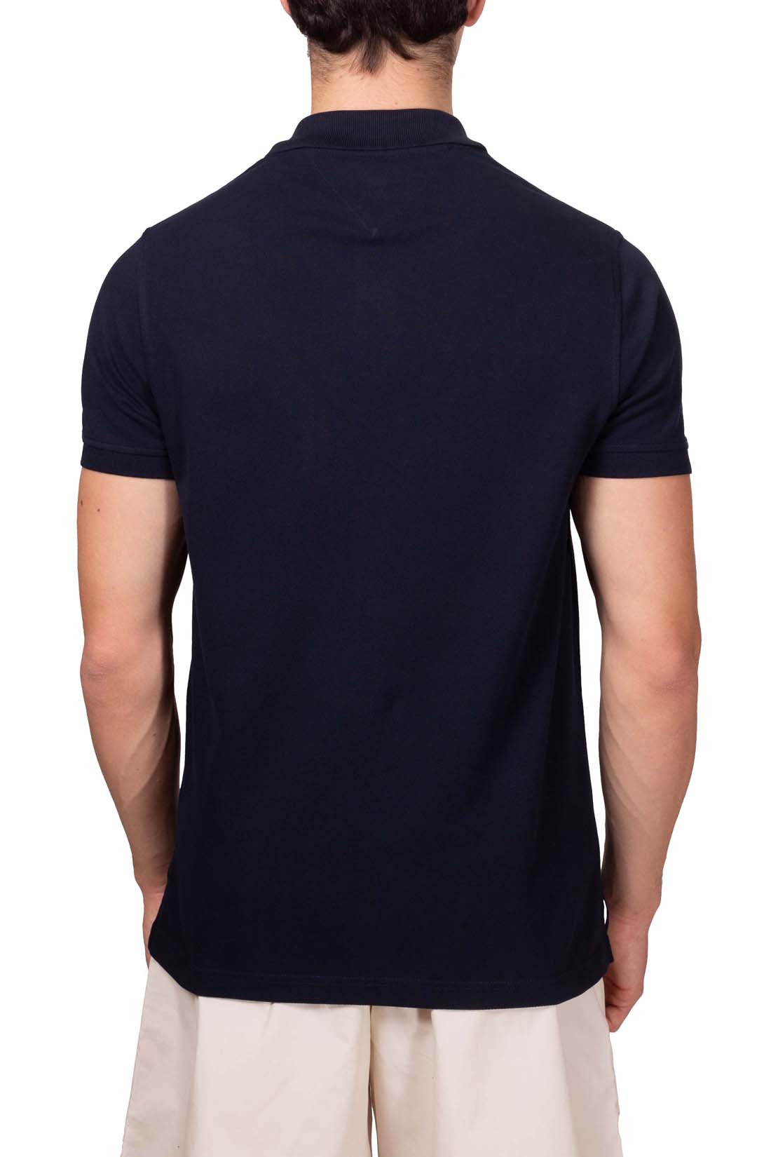 Men's navy blue stretch cotton polo shirt with short sleeves and signature logo placket details — view 27