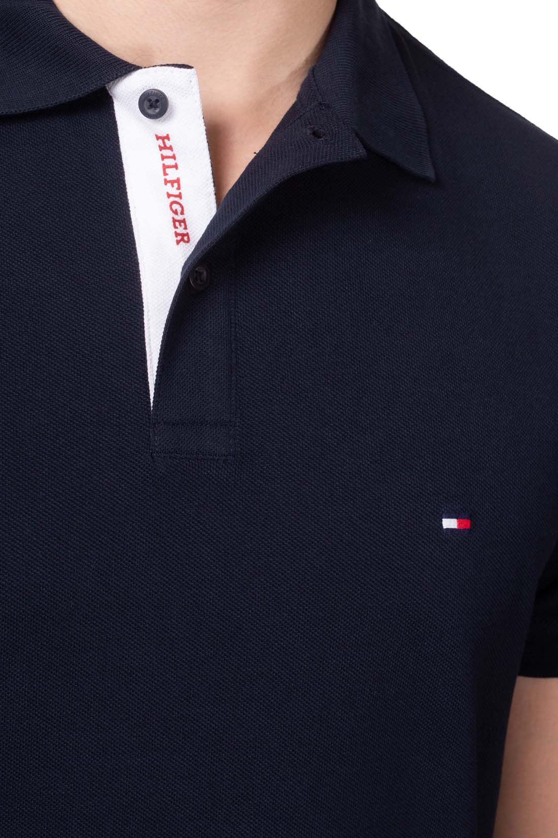 Men's navy blue stretch cotton polo shirt with short sleeves and signature logo placket details — view 21