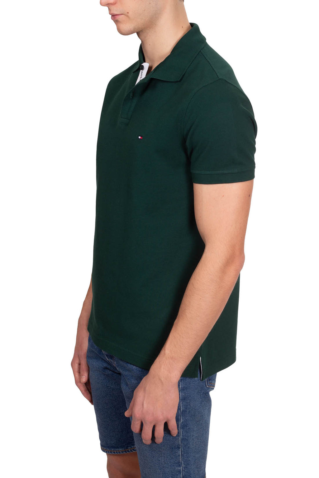 Men's navy blue stretch cotton polo shirt with short sleeves and signature logo placket details — view 4
