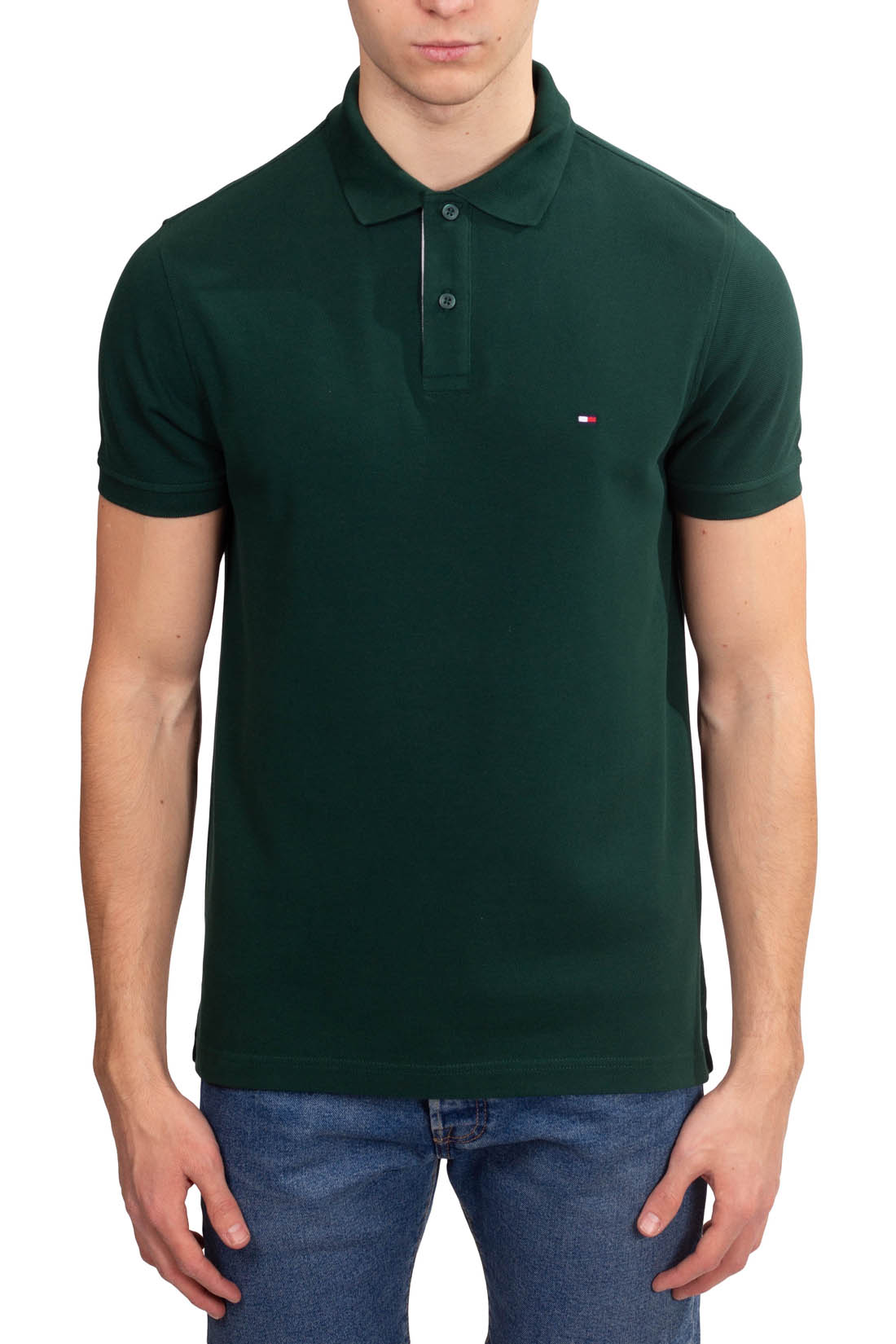 Men's navy blue stretch cotton polo shirt with short sleeves and signature logo placket details — view 2