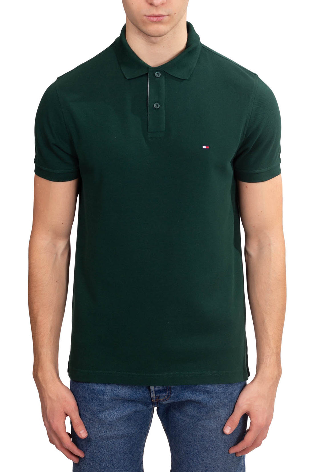 Men's navy blue stretch cotton polo shirt with short sleeves and signature logo placket details — view 2
