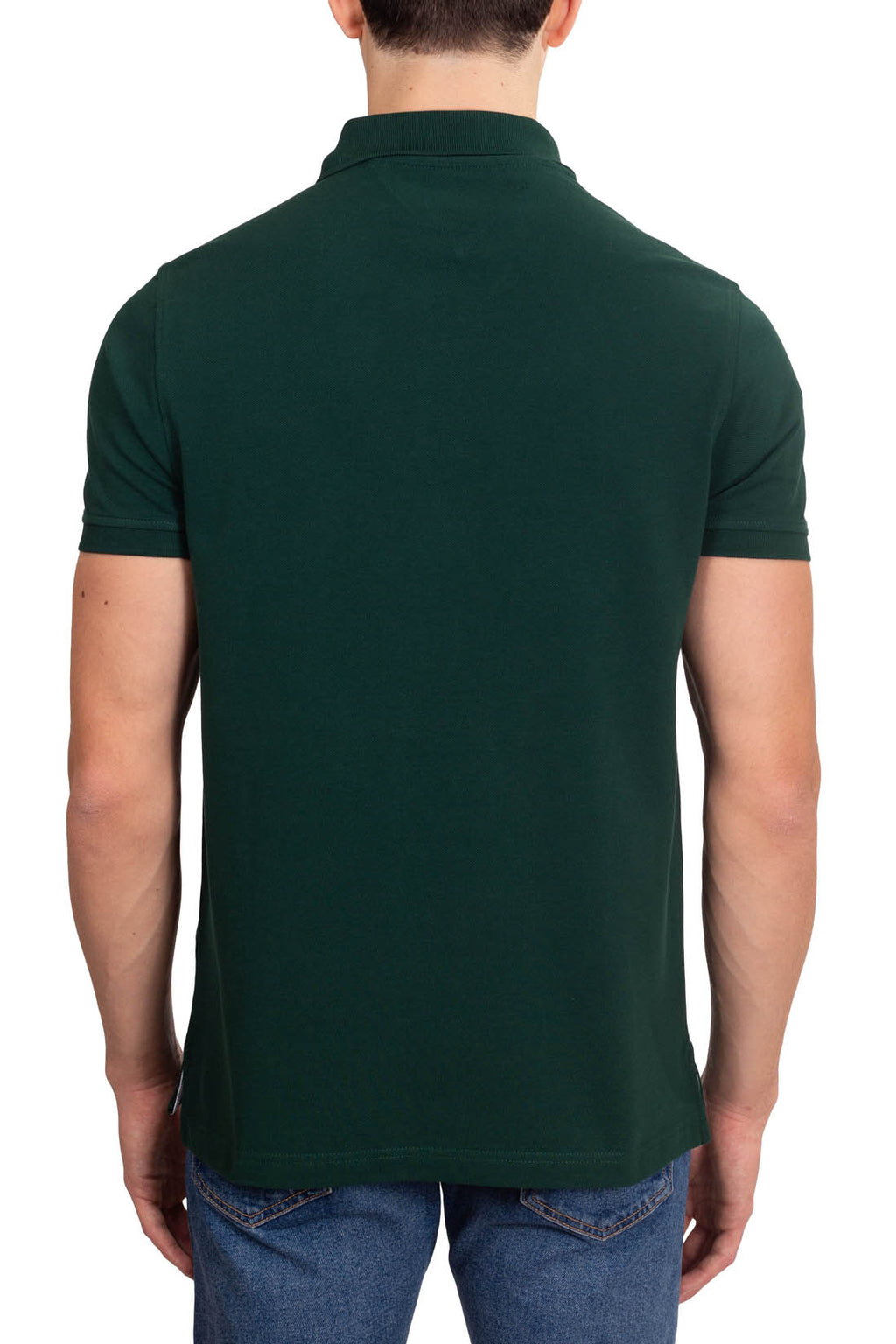 Men's navy blue stretch cotton polo shirt with short sleeves and signature logo placket details — view 3