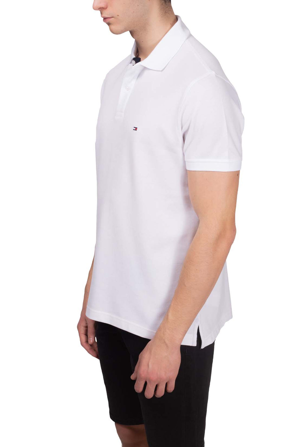 Men's navy blue stretch cotton polo shirt with short sleeves and signature logo placket details — view 12