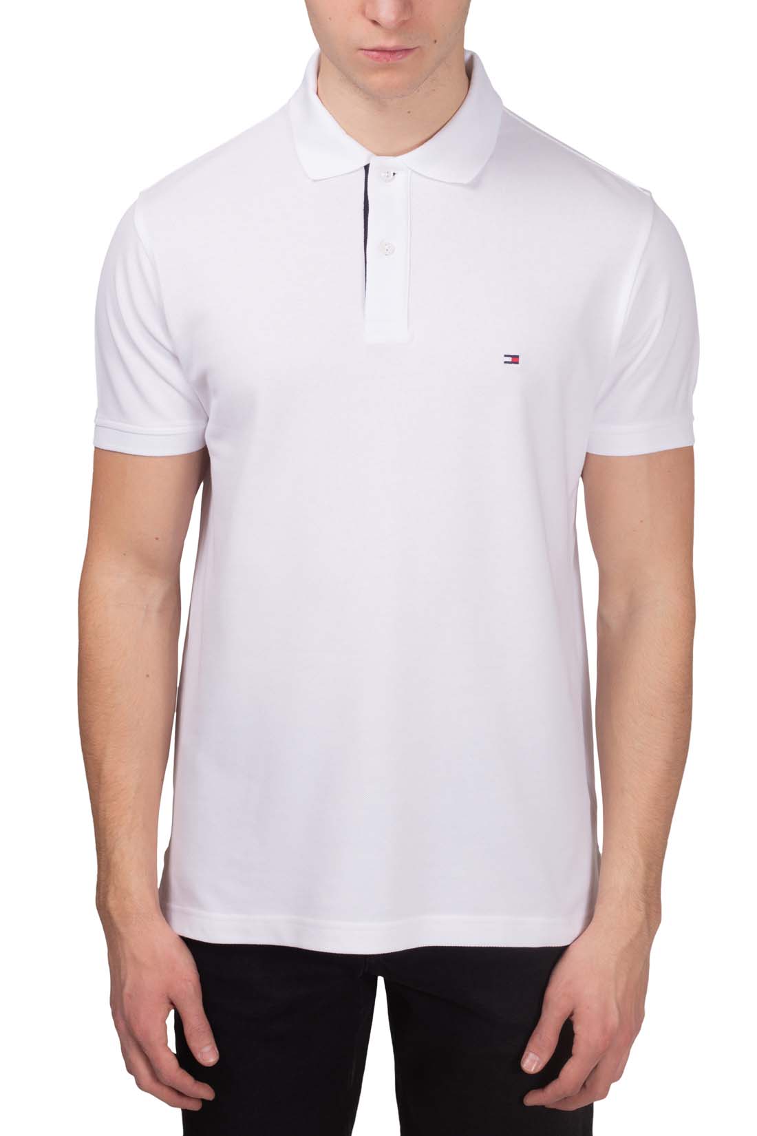 Men's navy blue stretch cotton polo shirt with short sleeves and signature logo placket details — view 14
