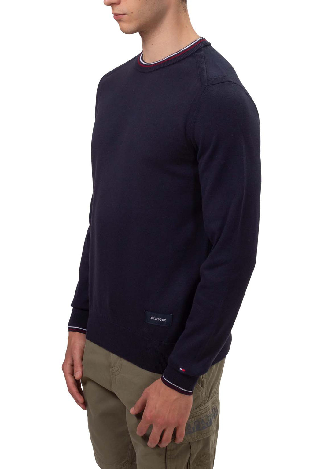 Mens regular fit pure navy blue cotton crew neck pullover sweater with signature piping — view 20
