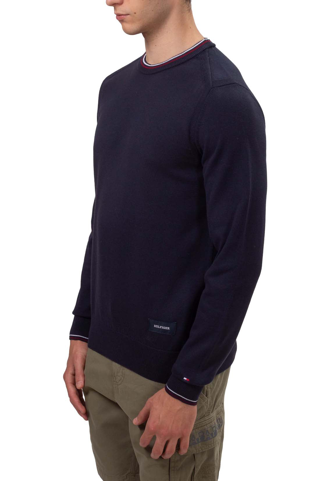 Mens regular fit pure navy blue cotton crew neck pullover sweater with signature piping — view 20