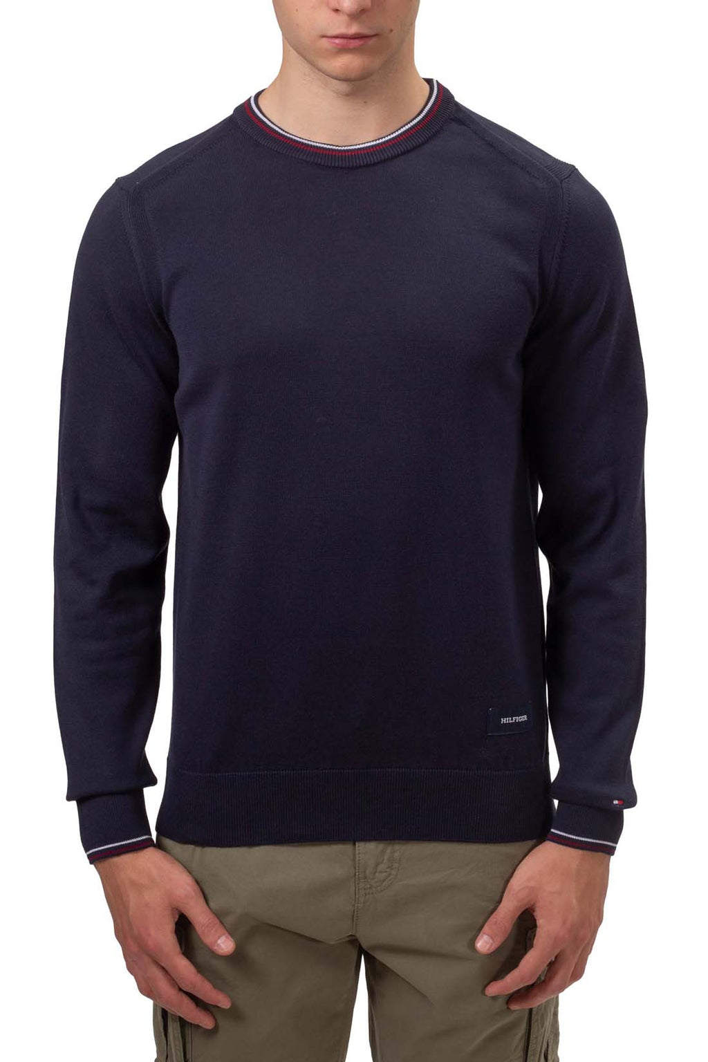 Mens regular fit pure navy blue cotton crew neck pullover sweater with signature piping — view 14