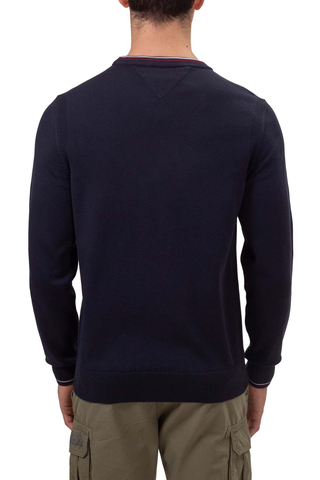 Mens regular fit pure navy blue cotton crew neck pullover sweater with signature piping — view 11
