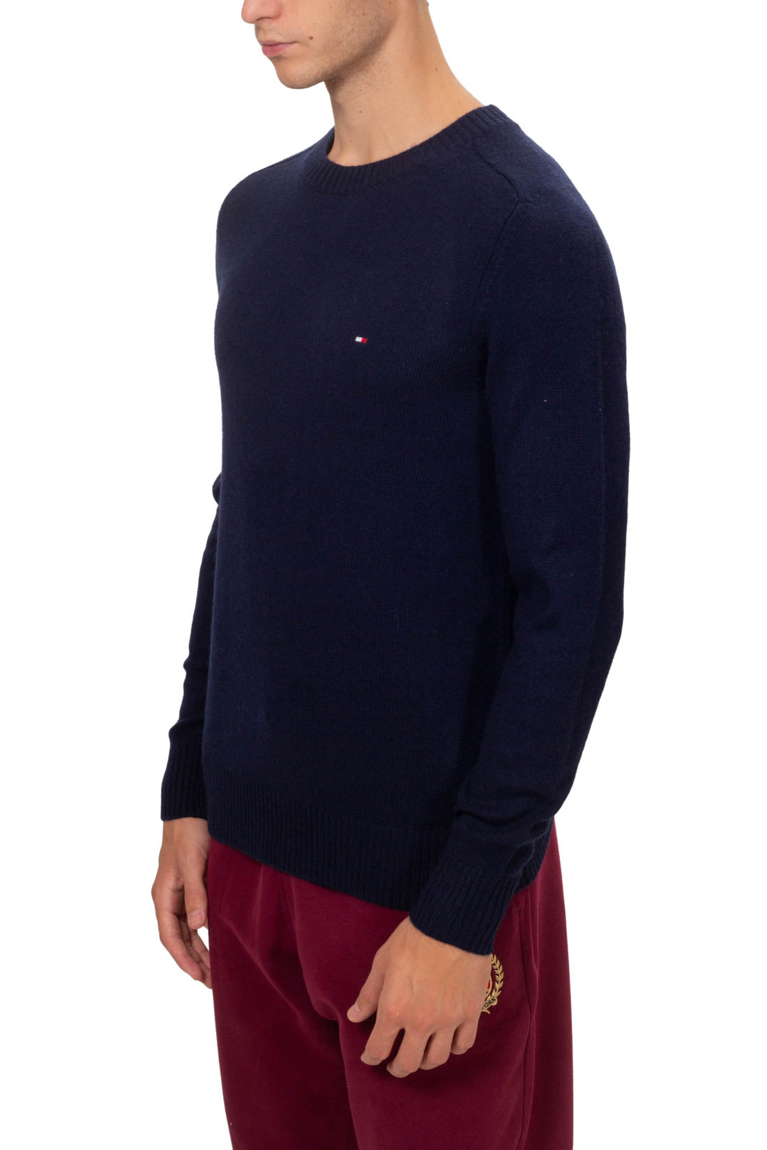Men's pure wool navy blue crew neck sweater with signature embroidered flag on the chest — view 10