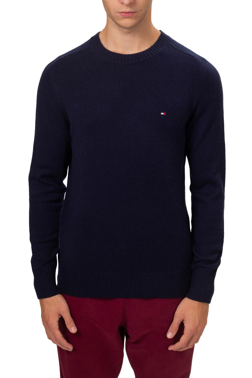 Men's pure wool navy blue crew neck sweater with signature embroidered flag on the chest — view 20