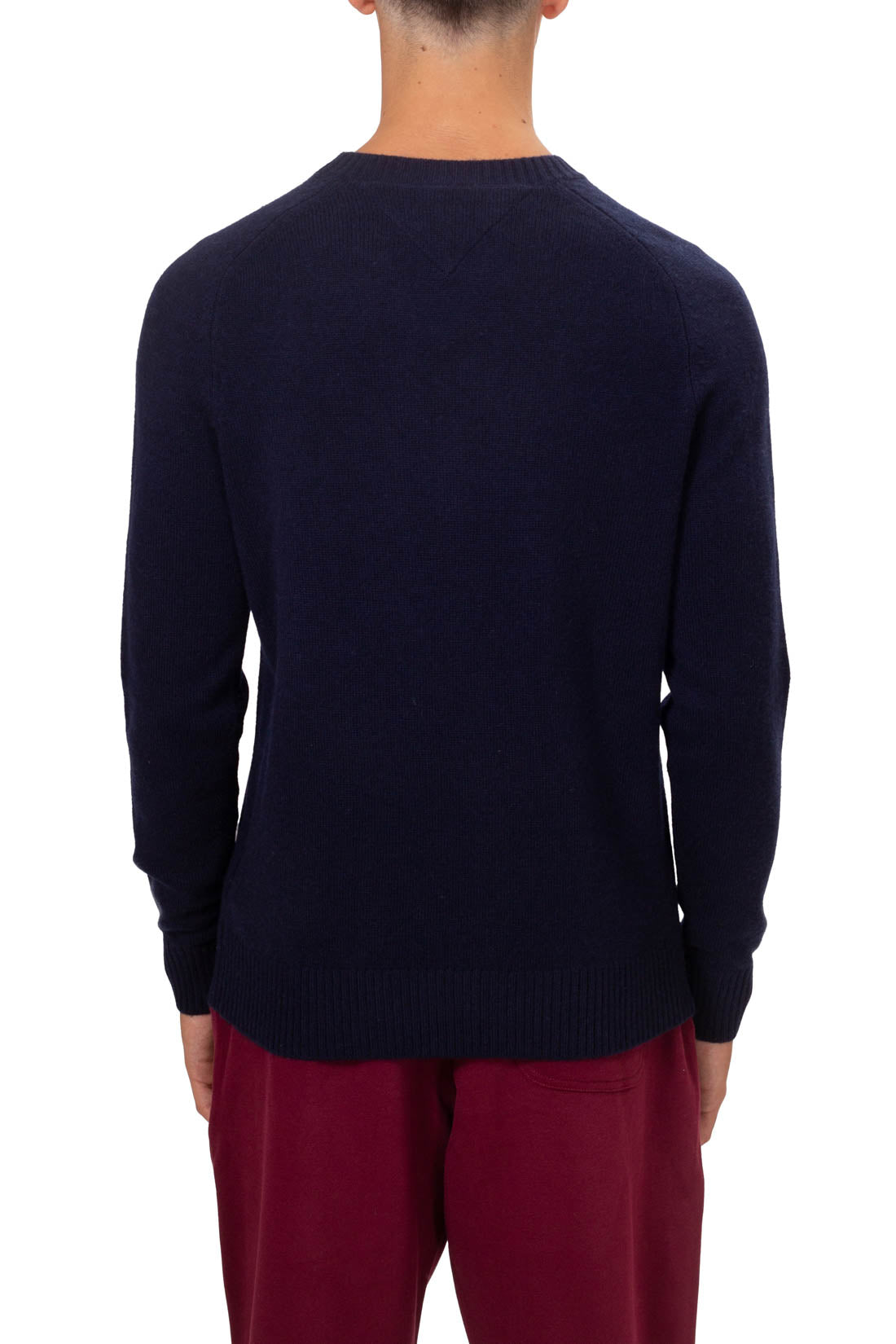Men's pure wool navy blue crew neck sweater with signature embroidered flag on the chest — view 3