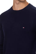 Men's pure wool navy blue crew neck sweater with signature embroidered flag on the chest