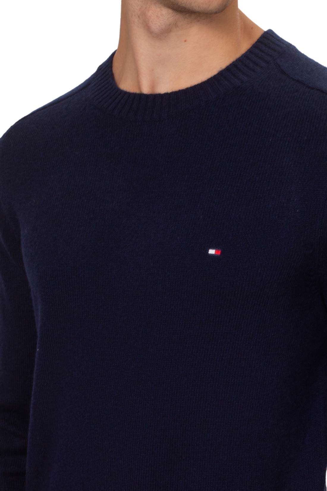 Men's pure wool navy blue crew neck sweater with signature embroidered flag on the chest