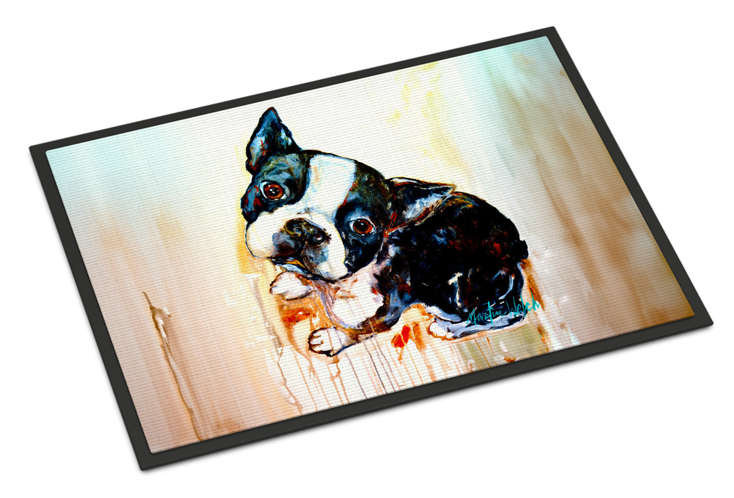 Boston Terrier dog portrait doormat with durable black binding tape and non-slip rubber backing