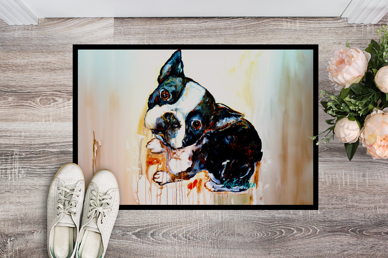 Boston Terrier dog portrait doormat with durable black binding tape and non-slip rubber backing — view 2