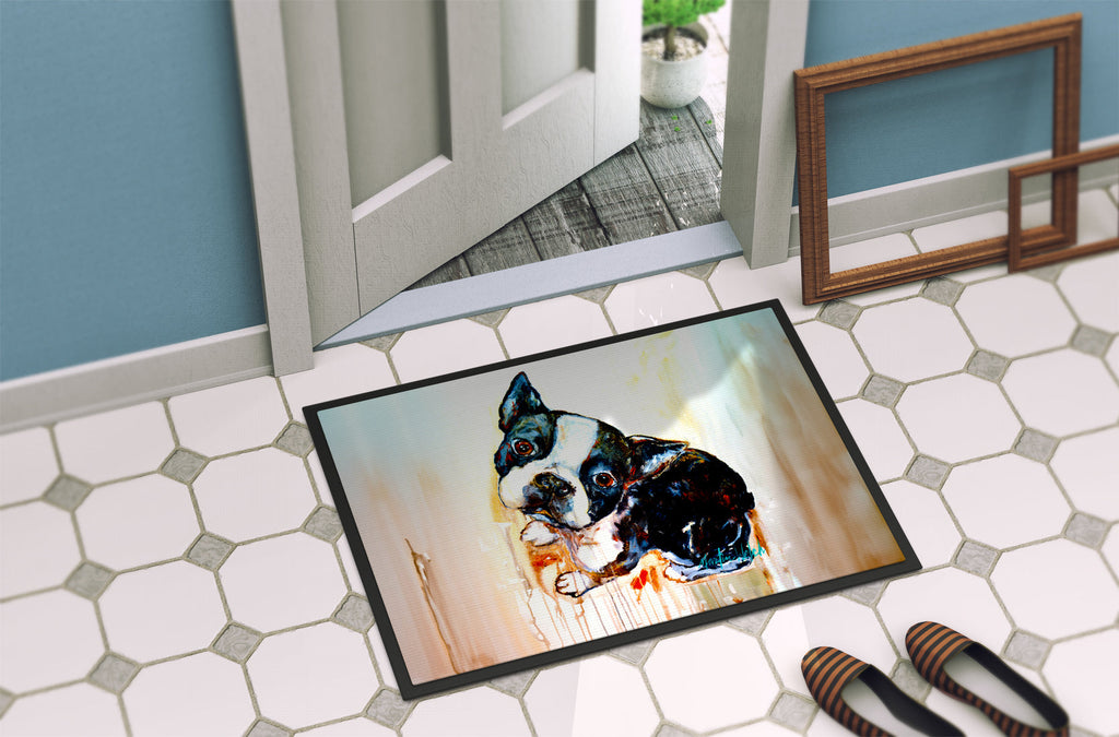Boston Terrier dog portrait doormat with durable black binding tape and non-slip rubber backing — view 4