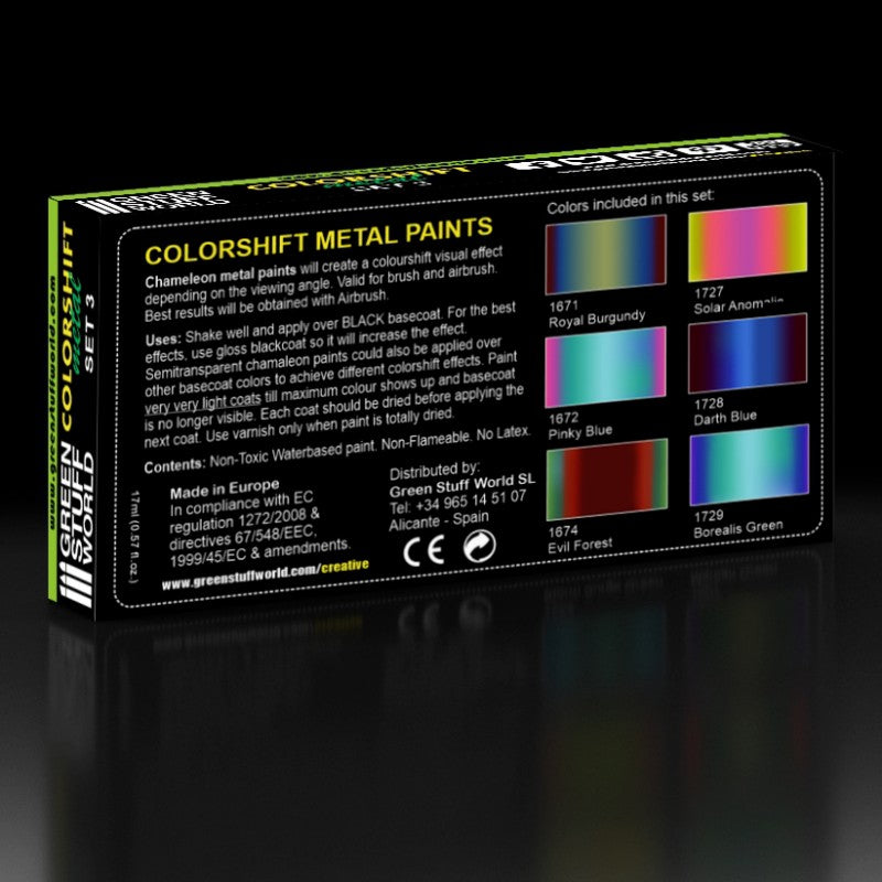 Green Stuff World chameleon acrylic paint set with six colorshift bottles in a cardboard box — view 2