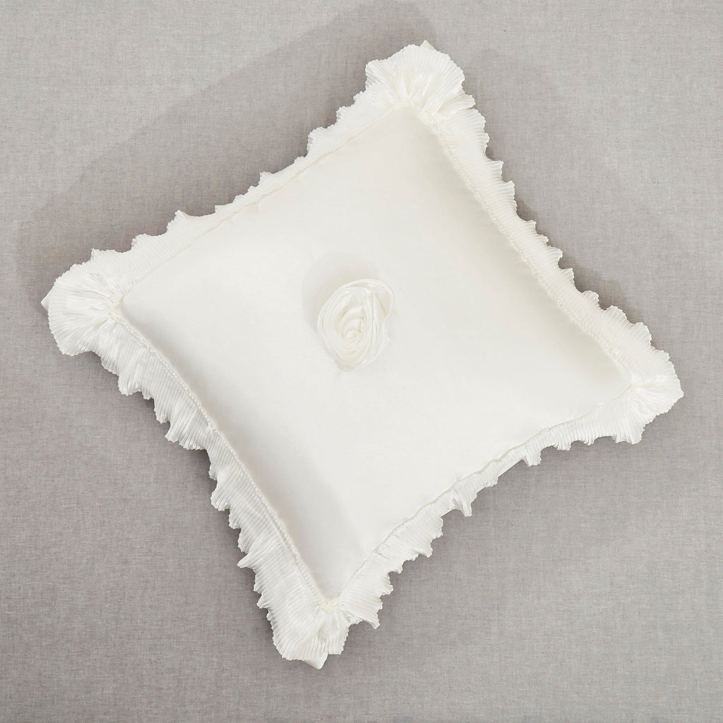 Pearl white vintage ruffled faux silk satin Euro pillow sham with delicate floral embellishments — view 2